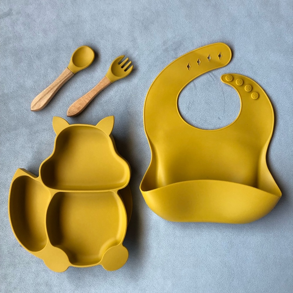 Fox Feeding Set ~ Bib, Dish, Fork & Spoon ~ Yellow Orange ~ Brand New!